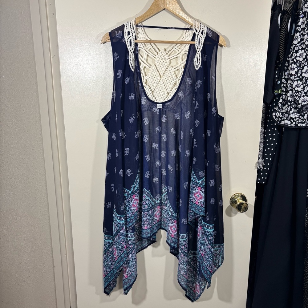 Navy Sheer Boho Elephant Print Crochet Sleeveless Cover-Up Size L